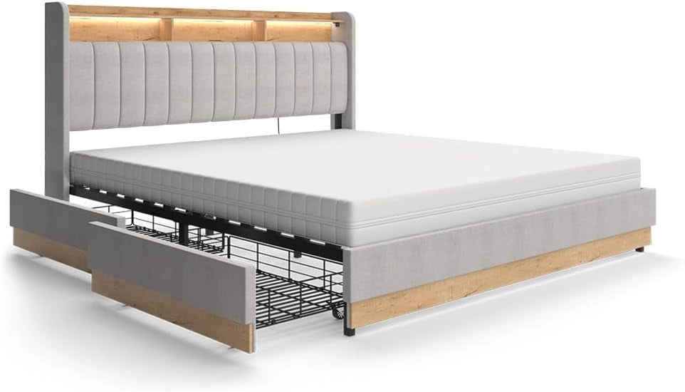 Letto imbottito Nura, Grigio, 140x200 cm con 4 cassetticon porta di ricarica USB, illuminazione a LED e telecomando