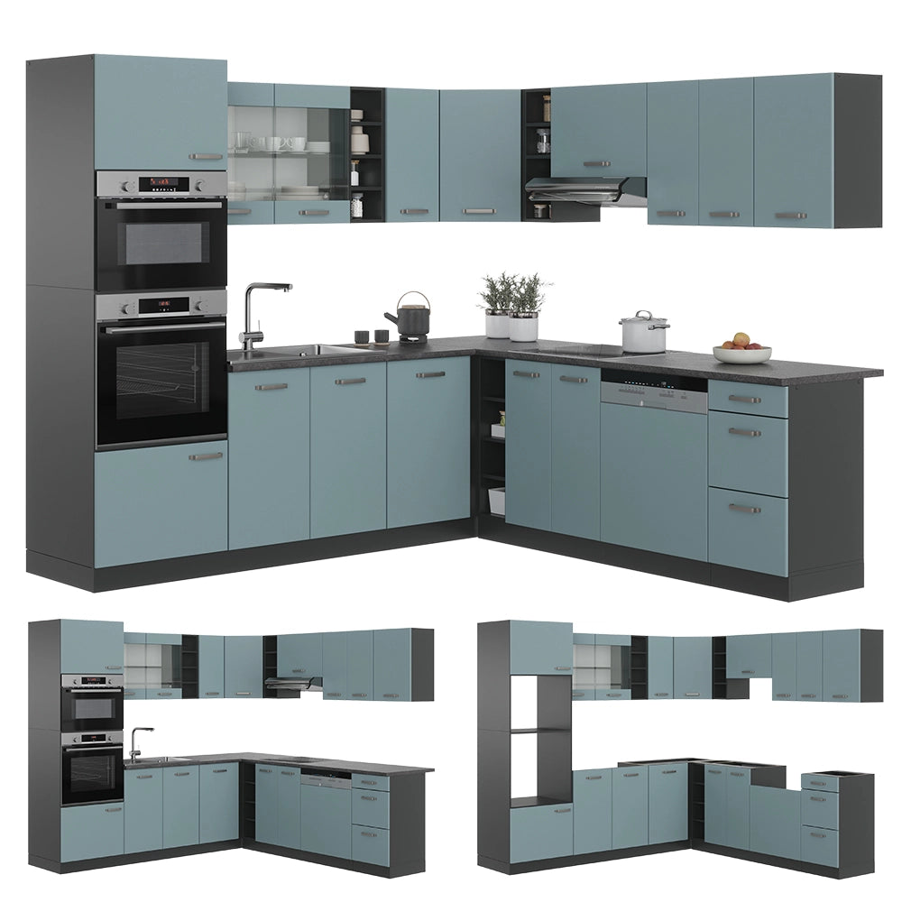 Vicco Cucina angolare completa Blu-grigio/antracite 237 x 60 cm senza piano di lavoro