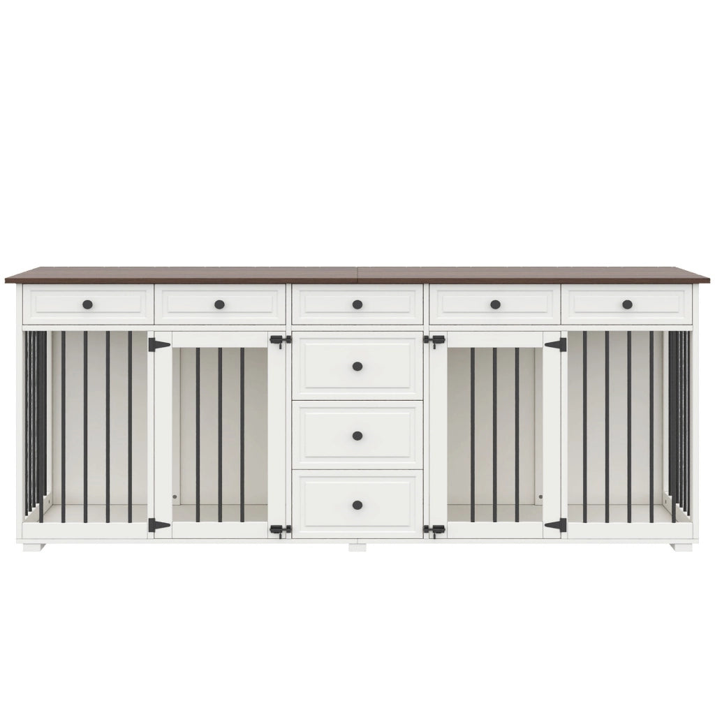 Mobile contenitore per cani con 8 cassetti e doppio vano in MDF e metallo per interno bianco 200×60×85 cm