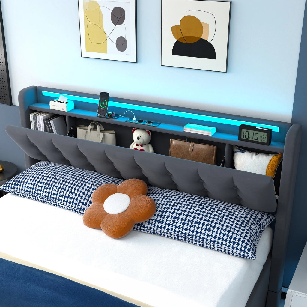 160x200 cm in velluto grigio scuro con contenitore, 2 cassetti, USB e luce d'atmosfera