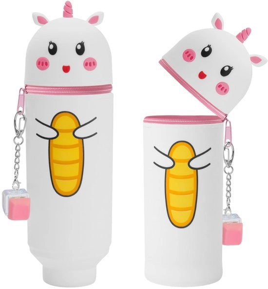 Etiu Kawaii 2-in-1, 2-in-1 etui in silicone morbido - Kawaii, etui per bambino, silicone, stili, con rilasciatore di stress (unicorno rosa)