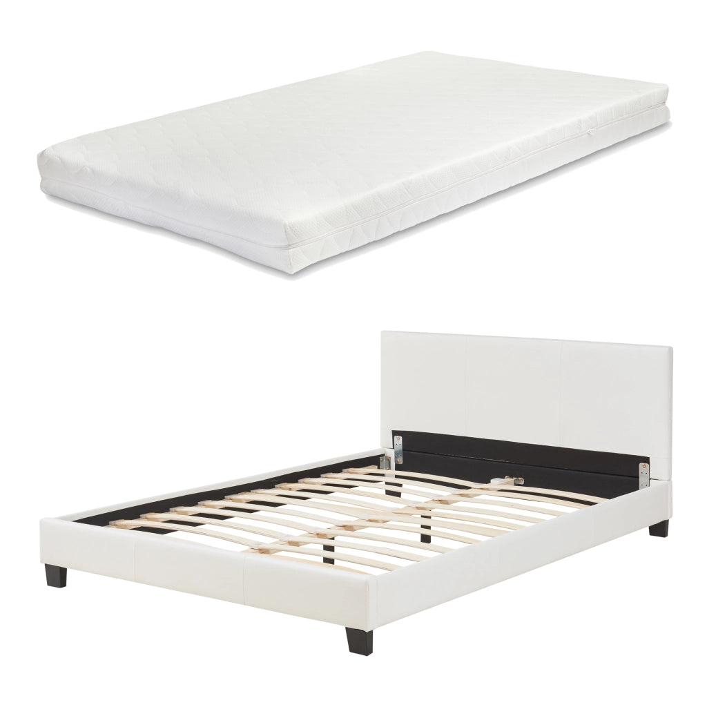 Letto Francese Albacete con Testiera Alta e Materasso 140x200 cm Similpelle Bianco Corium