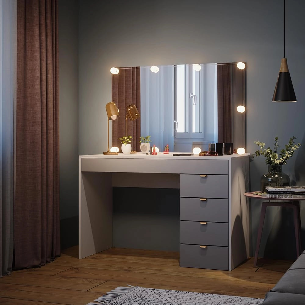 Tavolo da toeletta Elise, Bianco/grigio/grigio, 115 cm con illuminazione a LED, con illuminazione LED e superficie a specchio integrata