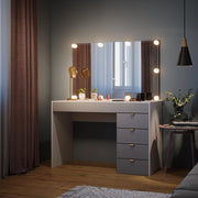 Tavolo da toeletta Elise, Bianco/grigio/grigio, 115 cm con illuminazione a LED, con illuminazione LED e superficie a specchio integrata