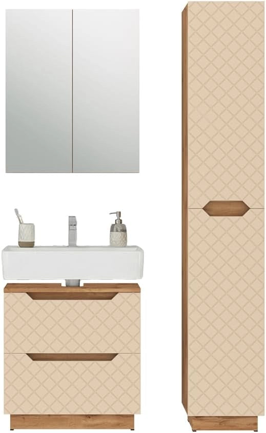 Set di mobili da bagno Lotta, Cachemire, 59.8 cm, composto da mobile sottolavabo, specchiera e colonna alta