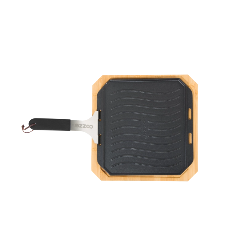 Piastra in ghisa con vassoio in legno, manico rimovibile in acciaio inox con finitura opaca 30 x 30 cm Cozze by Ezooza