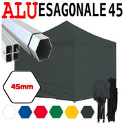 Gazebo 3x3 m nero pieghevole alluminio piantone esagonale 45mm portatile estendibile richiudibile estensibile acciaio con laterali per fiere eventi stand chiosco tenda tendone mercato mercatino