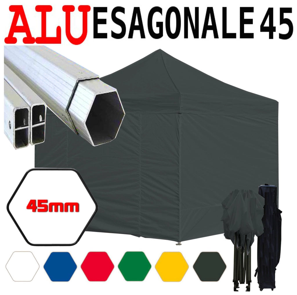Gazebo 3x3 m nero pieghevole alluminio piantone esagonale 45mm portatile estendibile richiudibile estensibile acciaio con laterali per fiere eventi stand chiosco tenda tendone mercato mercatino