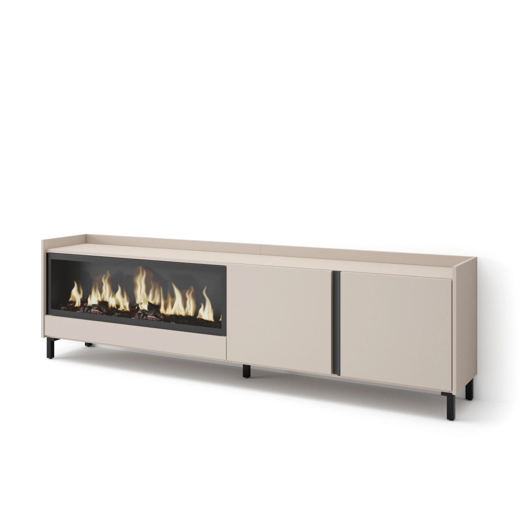 Mobile TV Soggiorno, 212x61x35 cm, Per TV fino a 80", Camino elettrico XXL, Design industriale, Beige
