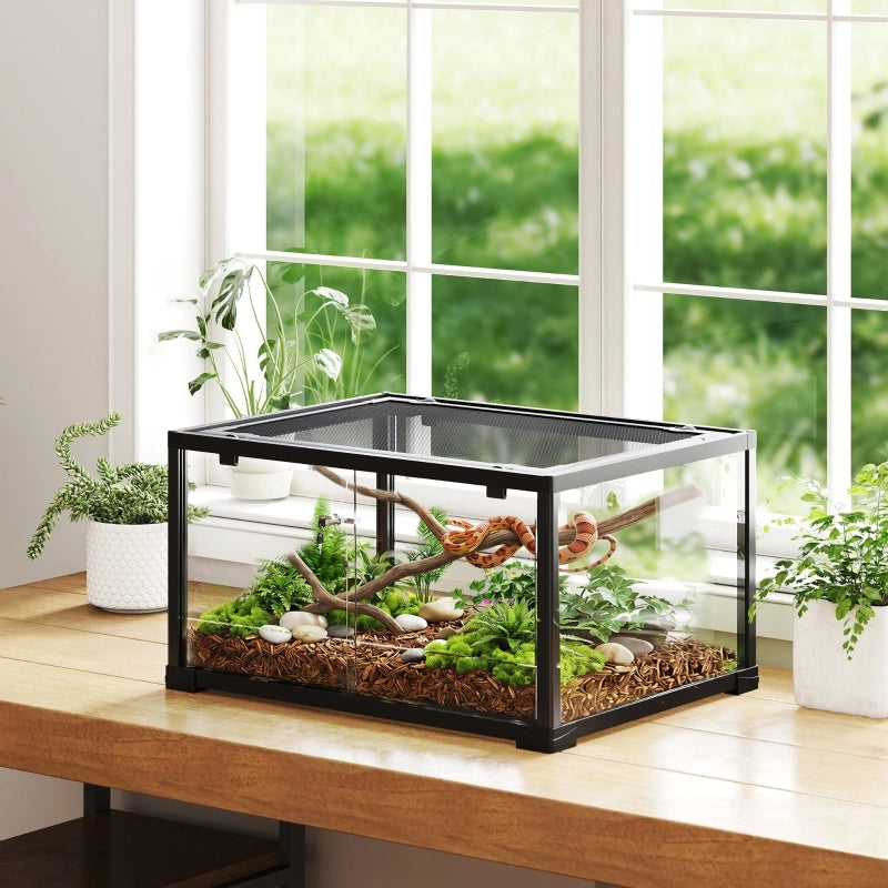 Terrario per rettili in vetro temperato con porta scorrevole e coperchio a rete, 60 x 45 x 32 cm, nero
