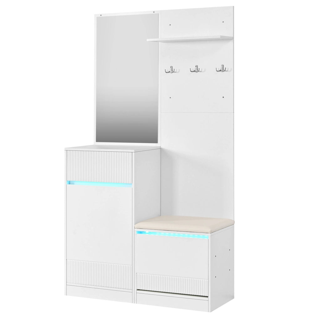 Guardaroba da ingresso bianco con scarpiera, specchio e LED