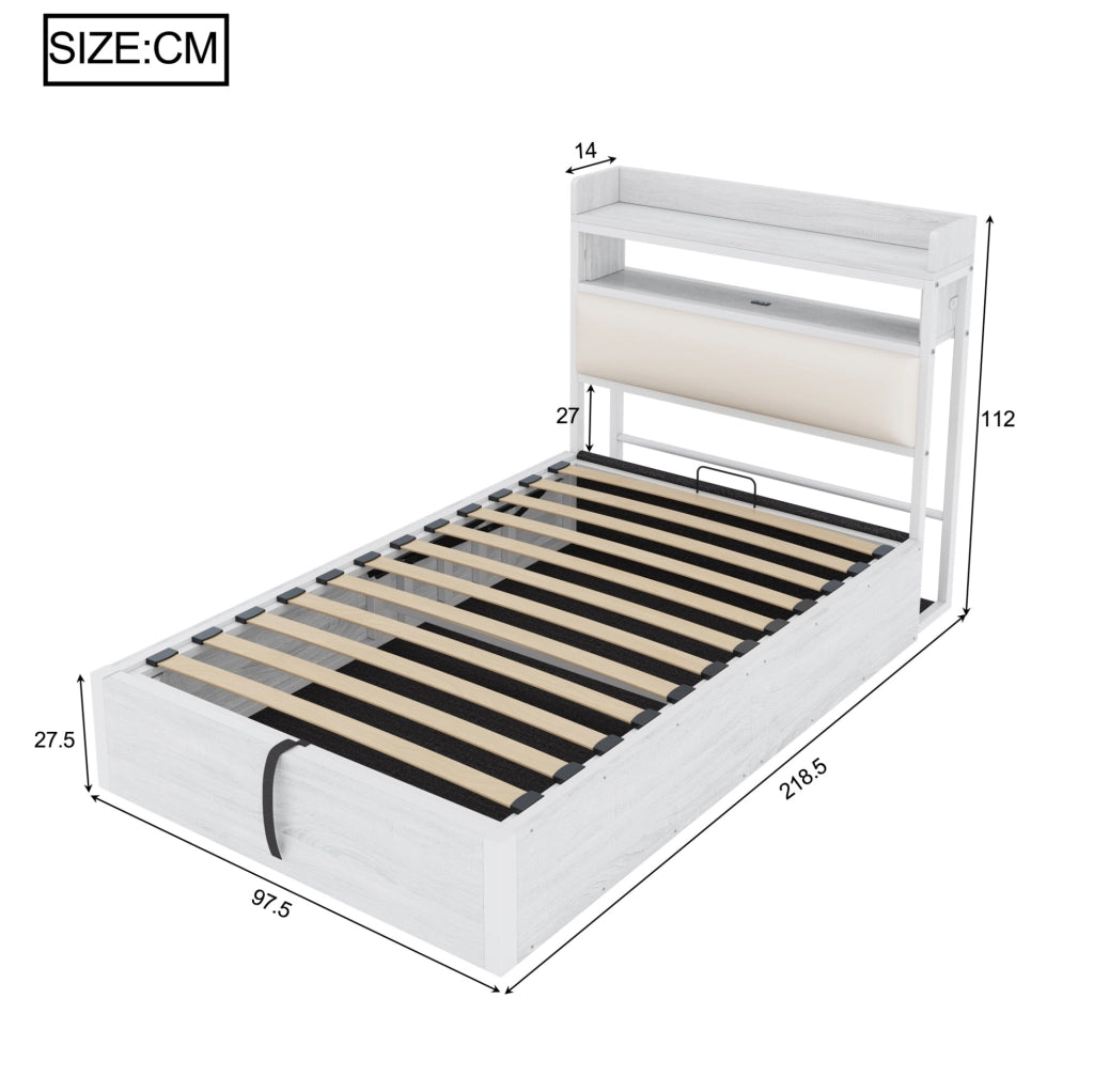 Letto 90x200 cm con contenitore idraulico e USB; testiera con vano in metallo; legno e tessuto bianco