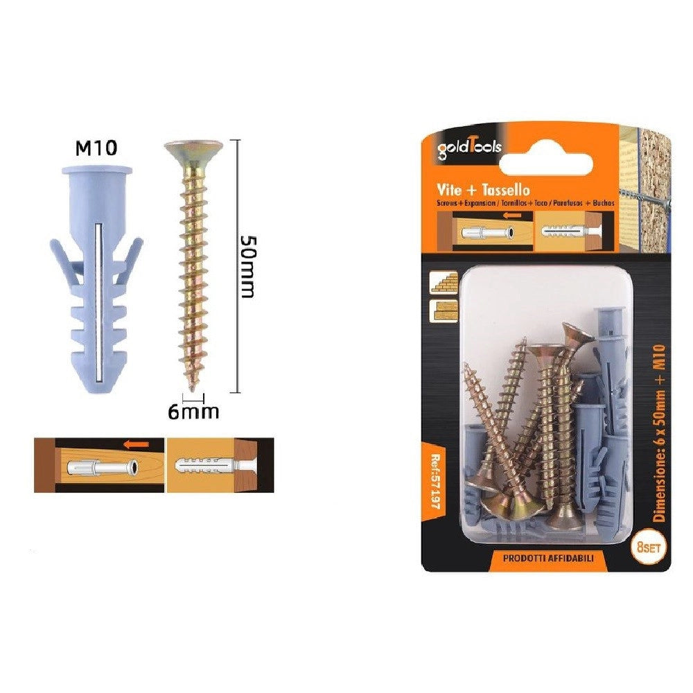 Trade Shop - Set 8 Pezzi Viti Vite 6 X 50 Mm + Tasselli Con Alette Tassello M10 Fischer 57197 -