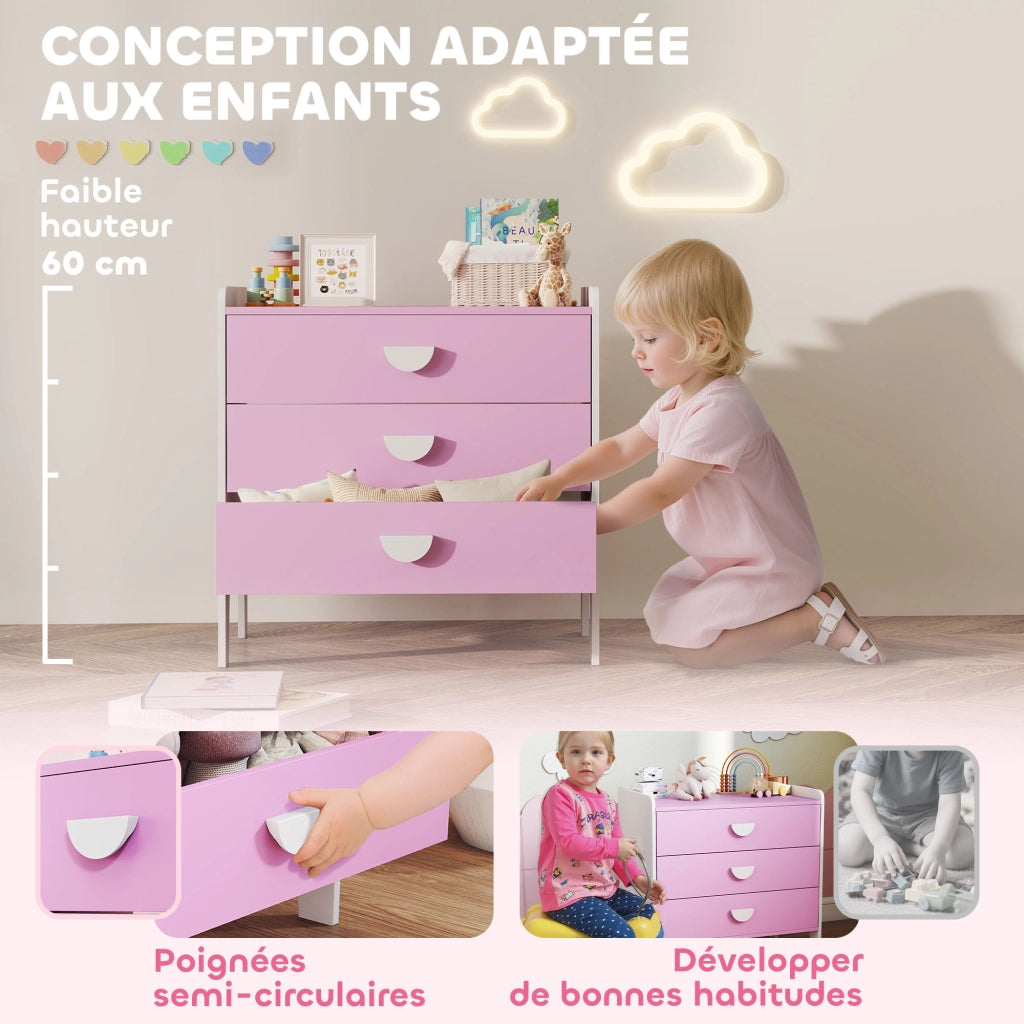 Cassettiera 3 cassetti per bambini ¨C zephmum ¨C rosa, legno, 60x40x60 cm