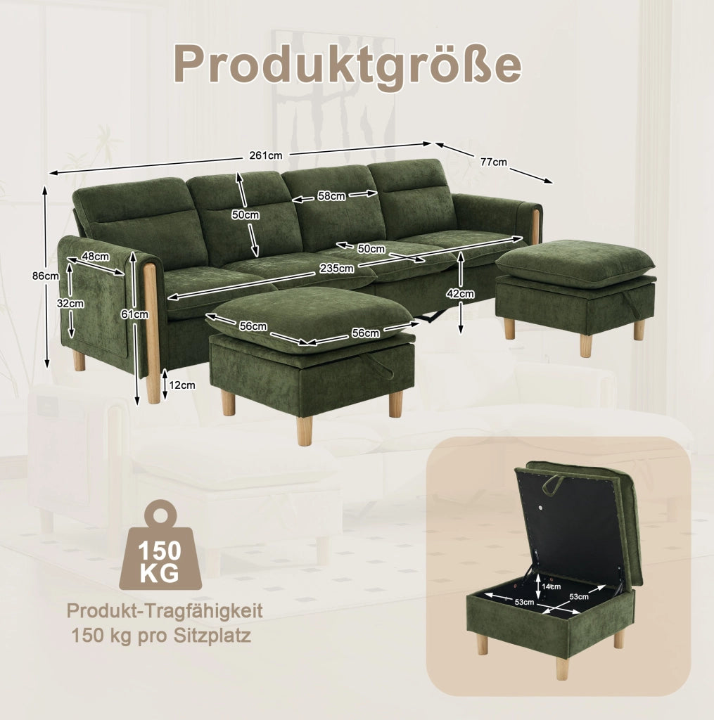 Divano modulare 4 posti con 2 pouf contenitore in ciniglia verde HOMVRA