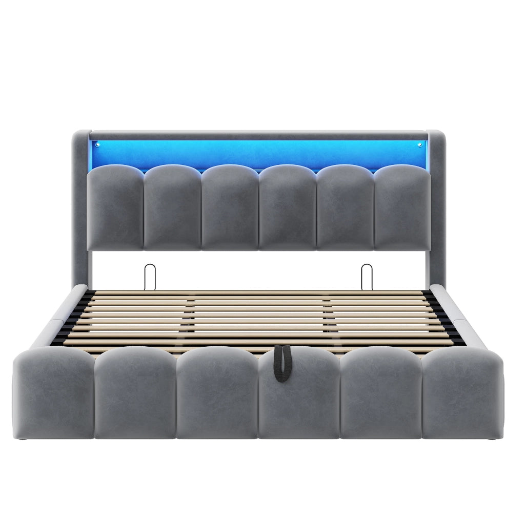 Letto matrimoniale imbottito 180x200 cm in velluto grigio con LED; USB; Type-C e contenitore