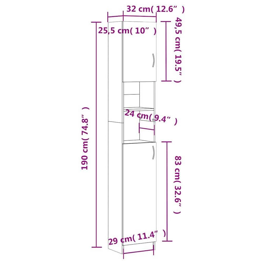 Bathroom Cabinet, Grey Sonoma, 32x25.5x190 Cm, Wood-based Material