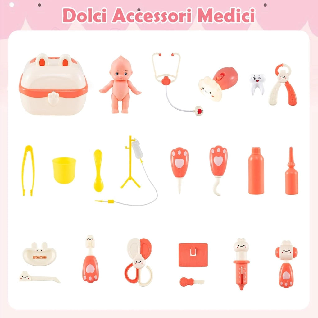 Kit Medico Giocattolo in Legno, Centro Veterinario Pieghevole con Bilancia Animali e 22 Accessori, Gioco Educativo Simulazione Dottore, Regalo per Bambini 3-6 Anni (Rosa)