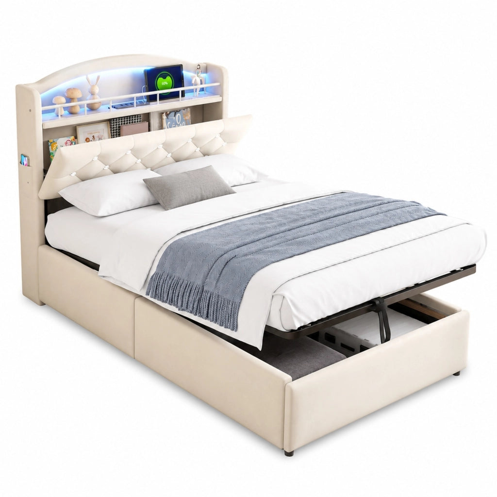 Letto imbottito per bambini 90x200 cm in velluto beige con LED; USB e vano contenitore