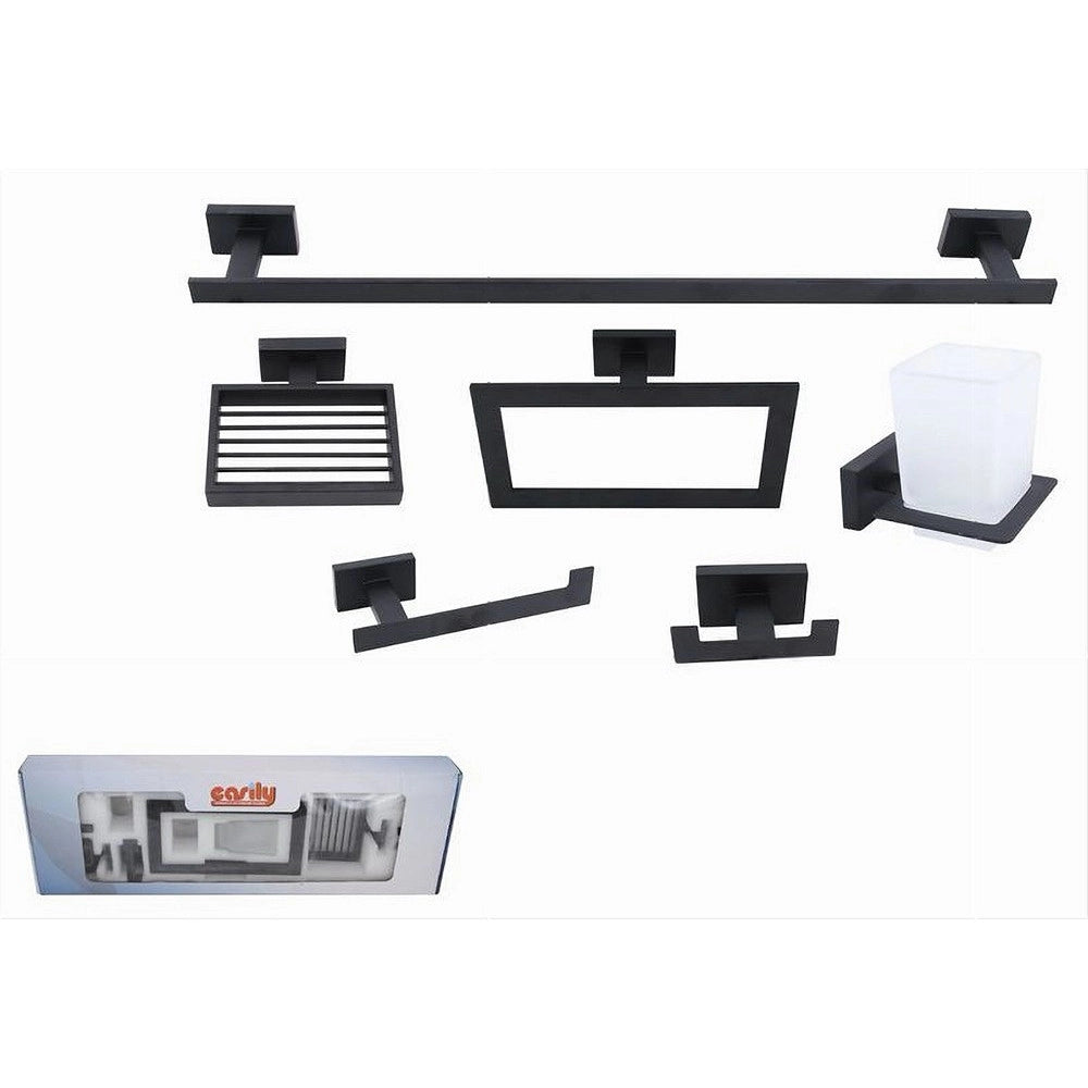 Trade Shop - Set Bagno Rettangolare Nero 6pz Porta Asciugamano Rotolo Bicchiere Spazzolino 87262 -