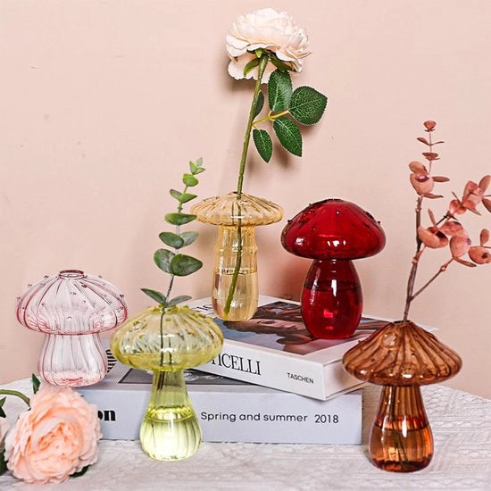 Set decorativo a 5 pezzi, insieme di 5, vaso a forma di fungo in vetro, mini-set di vasi, vaso a forma di fungo in vetro per la coltivazione su tavolo per decorazione di tavola.