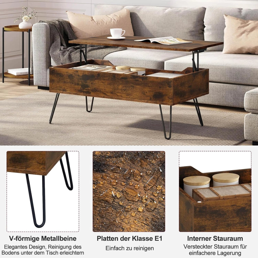 WOLTU Tavolino da Salotto, Tavolino da Caffè Sollevabile, con Scomparto Nascosto, Stile Industriale, 95x50x(40-55,5) cm, Marrone Rustico + Nero