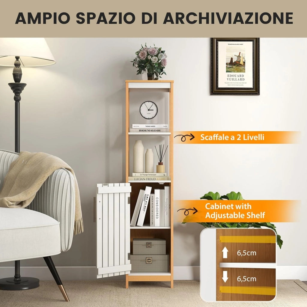 Armadio da Bagno, Mobile Alto 129 cm con Anta, Mobile Salvaspazio e Multiuso in Bambù con Ripiani Regolabili, per Soggiorno Bagno