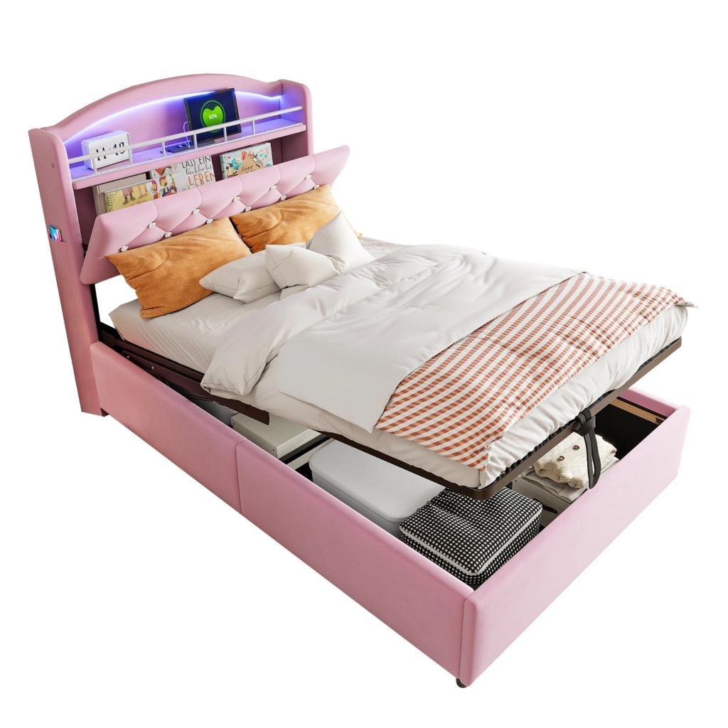 Letto imbottito 90x200 cm; contenitore con LED e USB; tessuto; rosa