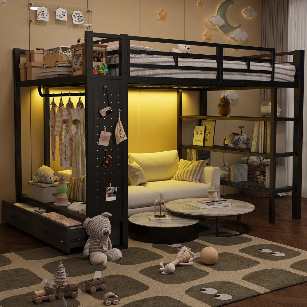 Letto a Soppalco 140x200 con Armadio, Ripiani, Pannello Forato e LED ¨C Xylo ¨C Nero Metallo