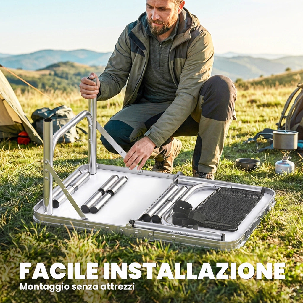 Tavolo Campeggio Pieghevole 60x40x 60 cm Picnic con Ripiano a Rete in Alluminio e MDF Nero