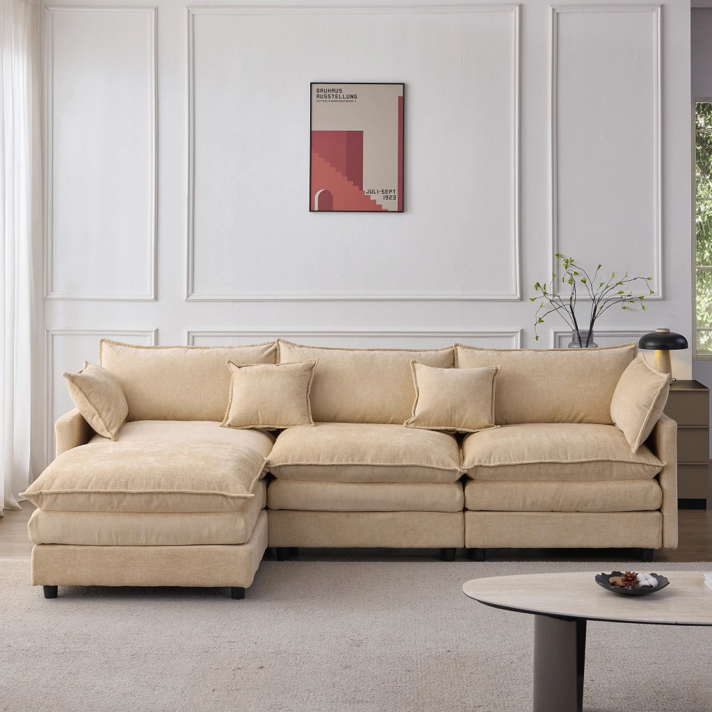 Divano angolare modulare a L con chaise longue e pouf, rivestimento in chenille, caffè chiaro, per 3 persone