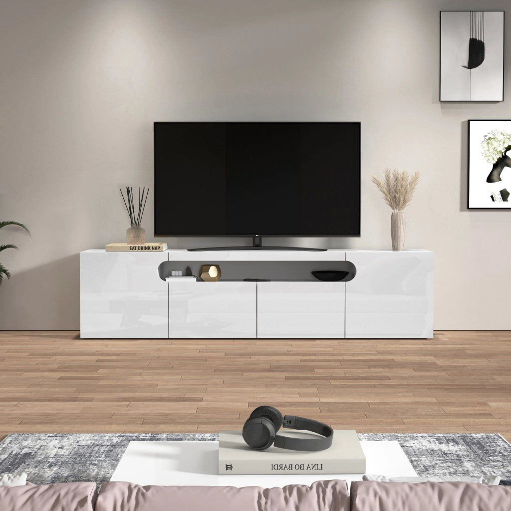 WHOUS Mobile porta TV Real con 4 ante e 1 vano aperto bianco lucido 240x40x60 cm