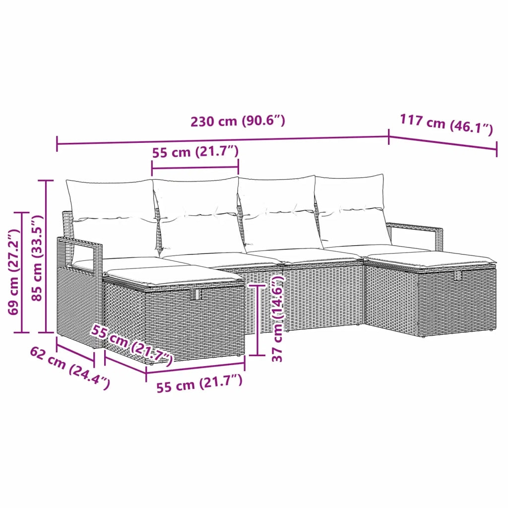 Set di divani con cuscino 6 pcs Marrone e Rosso polyrattan