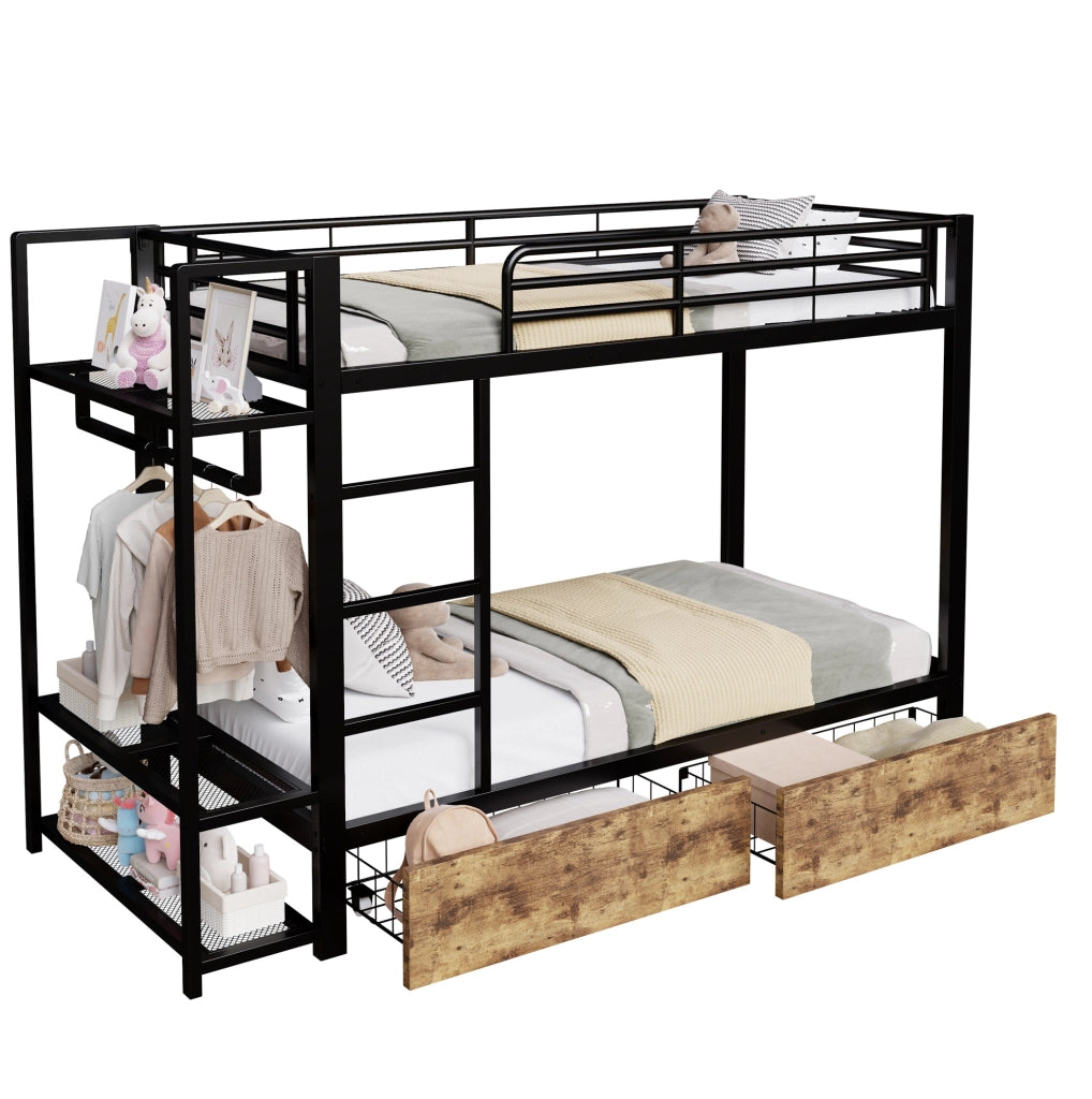 Letto a castello 90x200 cm in metallo e MDF con LED; 2 cassetti; ripiani e barra appendiabiti; nero