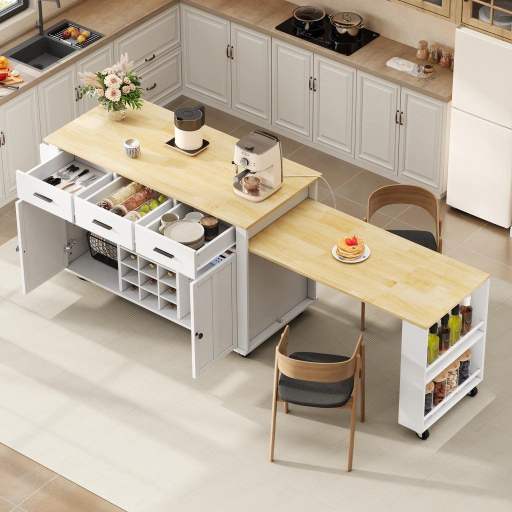 Isola cucina mobile con piano estensibile, prese USB e 7 ruote