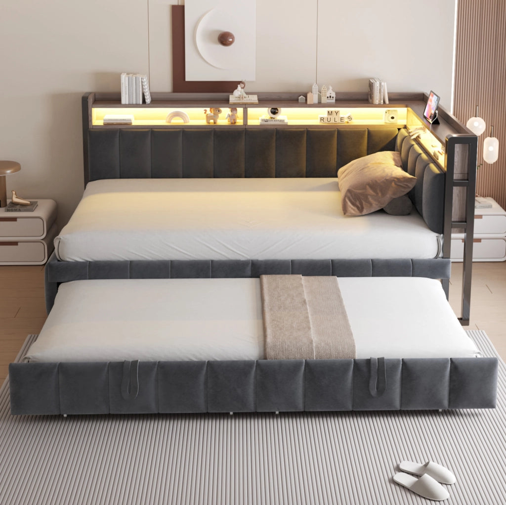 Letto estraibile 90x200 cm con secondo letto; LED regolabile; USB-C e vani; velluto grigio