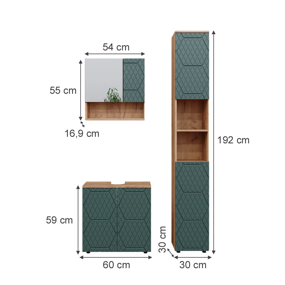 Vicco Set mobili bagno Quercia verde/oro 3 parti, con colonna