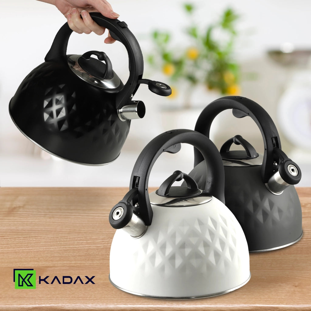 Bollitore a gas e induzione KADAX da 2,5 litri con fischietto, colore grigio acciaio, stile tradizionale.