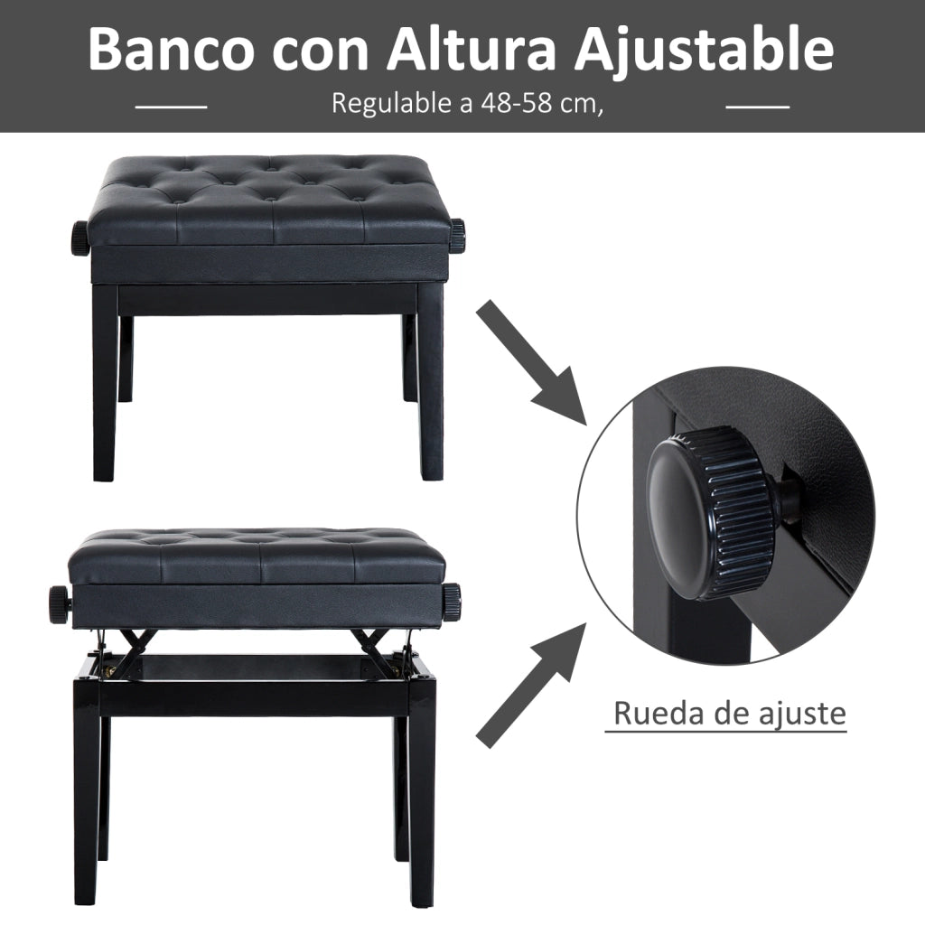 Sgabello da Piano Regolabile in Altezza con Seduta Imbottita e Spazio di Archiviazione ¨C Zephmum ¨C Nero Legno 48-58 cm