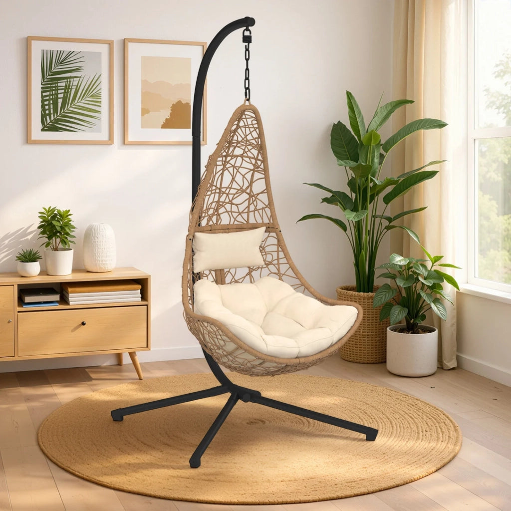 IDMarket - Poltrona sospesa a mezzaluna in rattan con cuscino ecrù