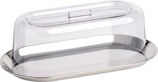 Piatto da tavolo con coperchio 30 x 15,5 cm, H: 10,5 cm 

- Piatto da tavolo in acciaio inox 30 x 15,5 cm, H: 1,5 cm, finitura alta lucidità
- Coperchio in SAN 25 x 12 cm, H: 10 cm