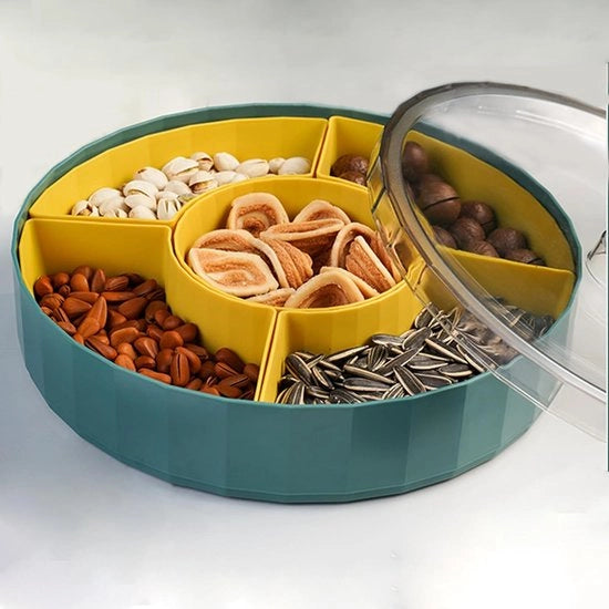 Tazza per snack con coperchio, vassoio per snack con contenitori, rotella 360°, scatola per snack con 5 contenitori rimovibili, vassoio per noci, snack, dolci, biscotti
