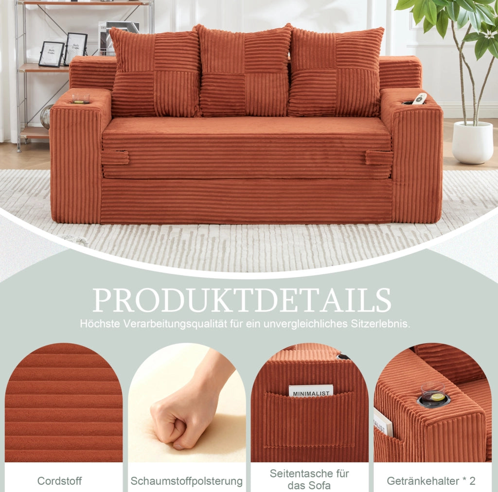 Divano modulare a 2 posti in velluto a coste arancione