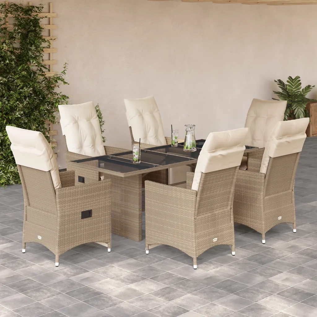 Set da BistrÃ² da Giardino 7 pz con Cuscini Beige in Polyrattan