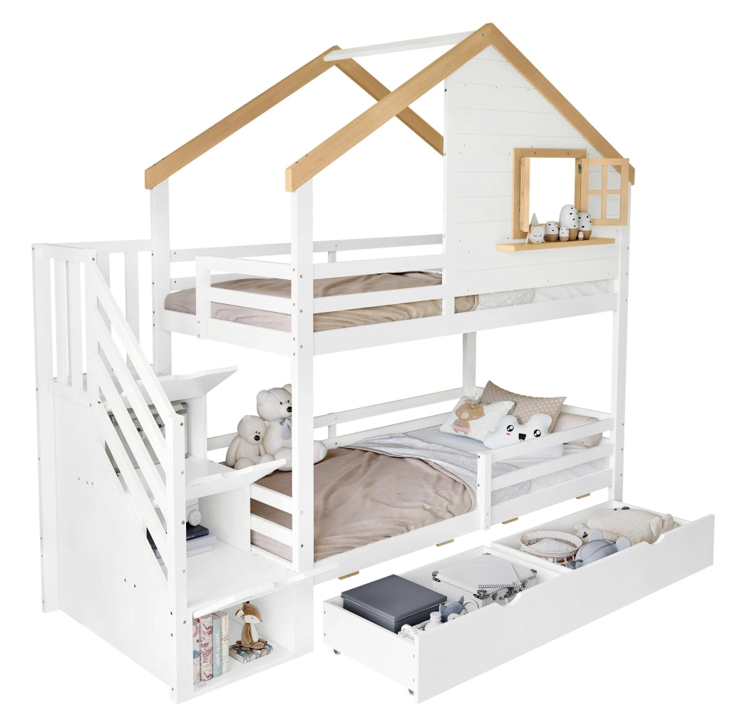 Letto a castello 90x200 cm in pino e MDF con scale contenitore e cassetti