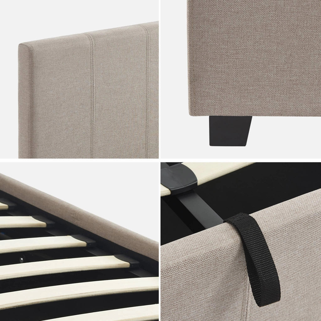 Letto a cassettone con rete a doghe e testiera, 140x190cm, beige