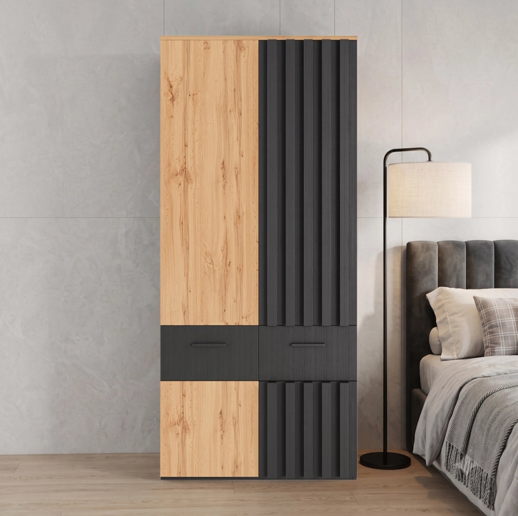 ARMADIO a ante battenti 90x50x200 cm Nero e Naturale con 2 cassetti