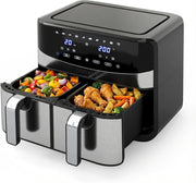 8L Friggitrice ad Aria, 2100W 10 in 1 Friggitrice a Doppio Cestello con Aria Calda a 360°, Timer, Touchscreen Digitale, 40-200℃, Lavabile in Lavastoviglie