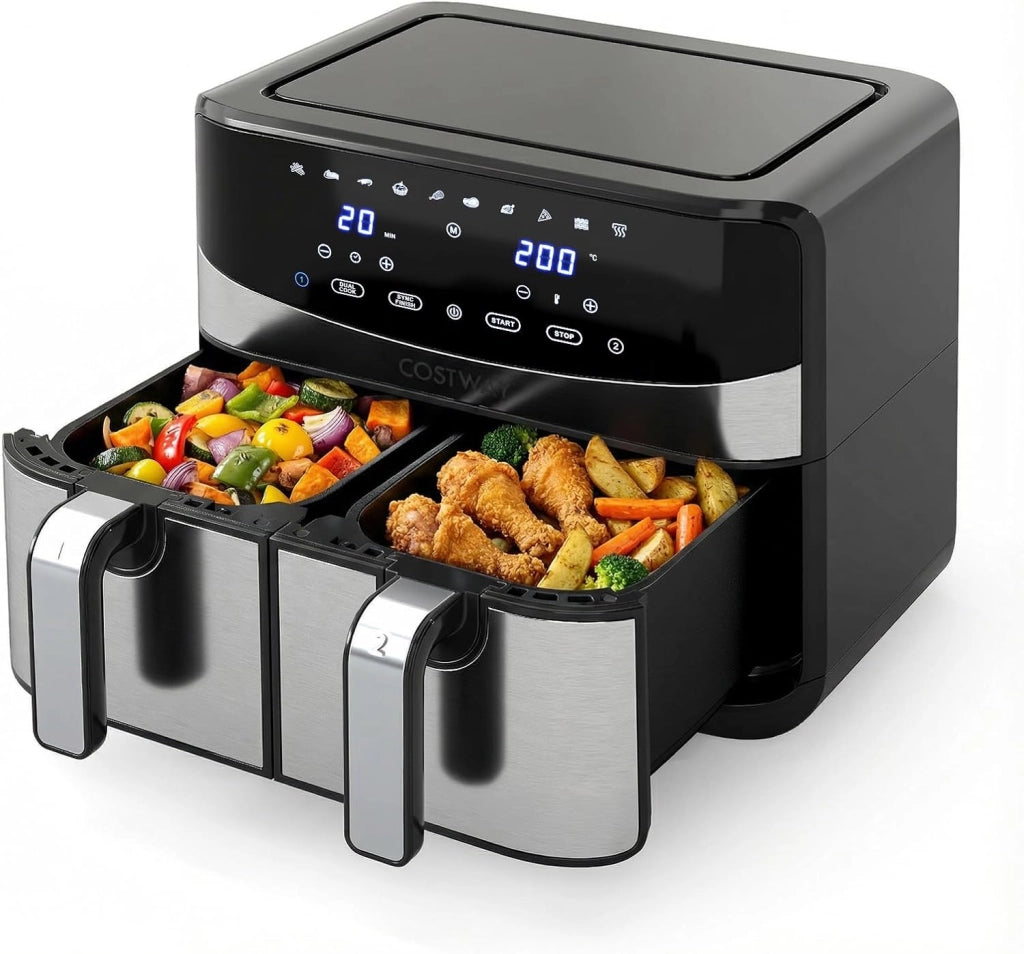 8L Friggitrice ad Aria, 2100W 10 in 1 Friggitrice a Doppio Cestello con Aria Calda a 360°, Timer, Touchscreen Digitale, 40-200℃, Lavabile in Lavastoviglie