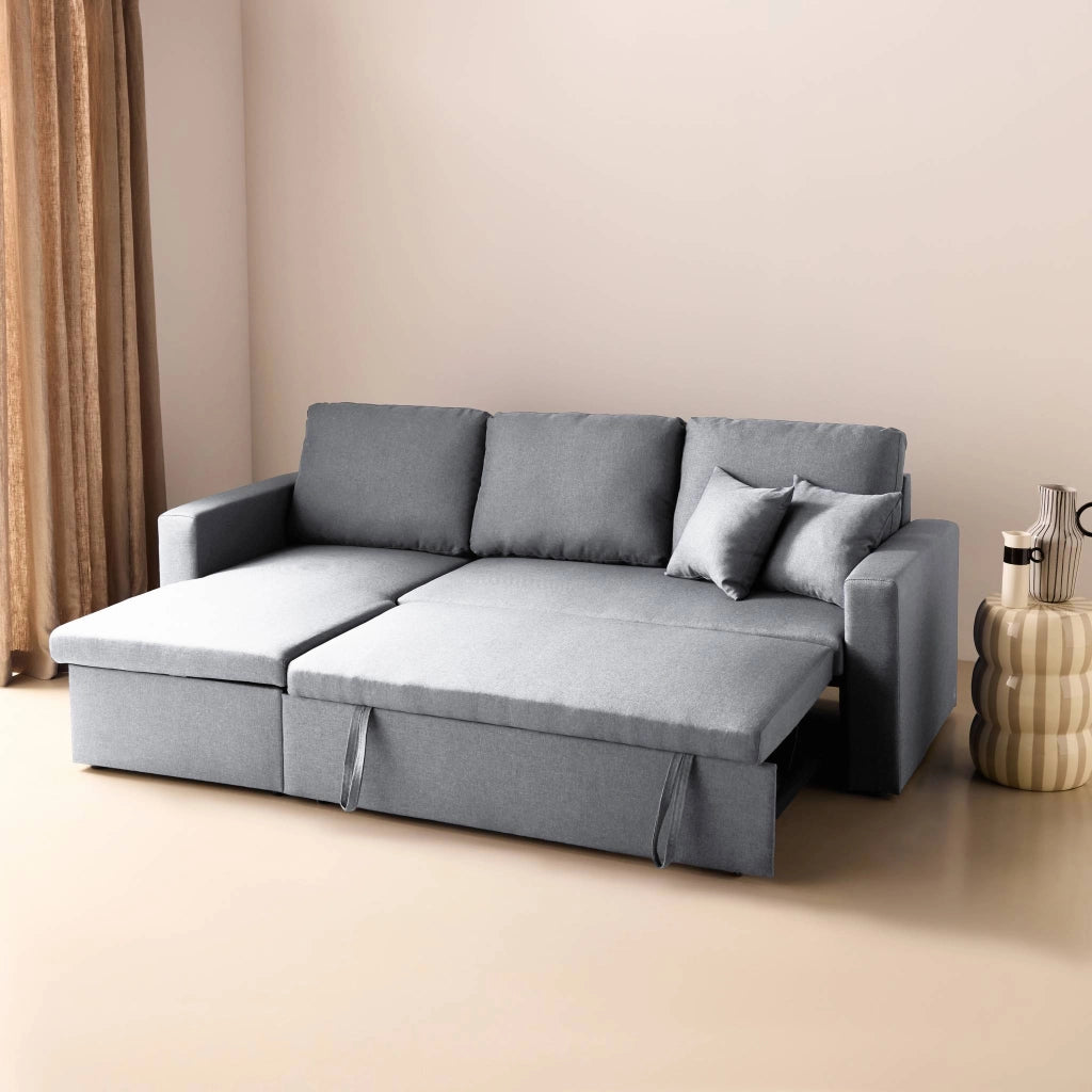 Divano letto angolare reversibile con contenitore, 3 posti, grigio